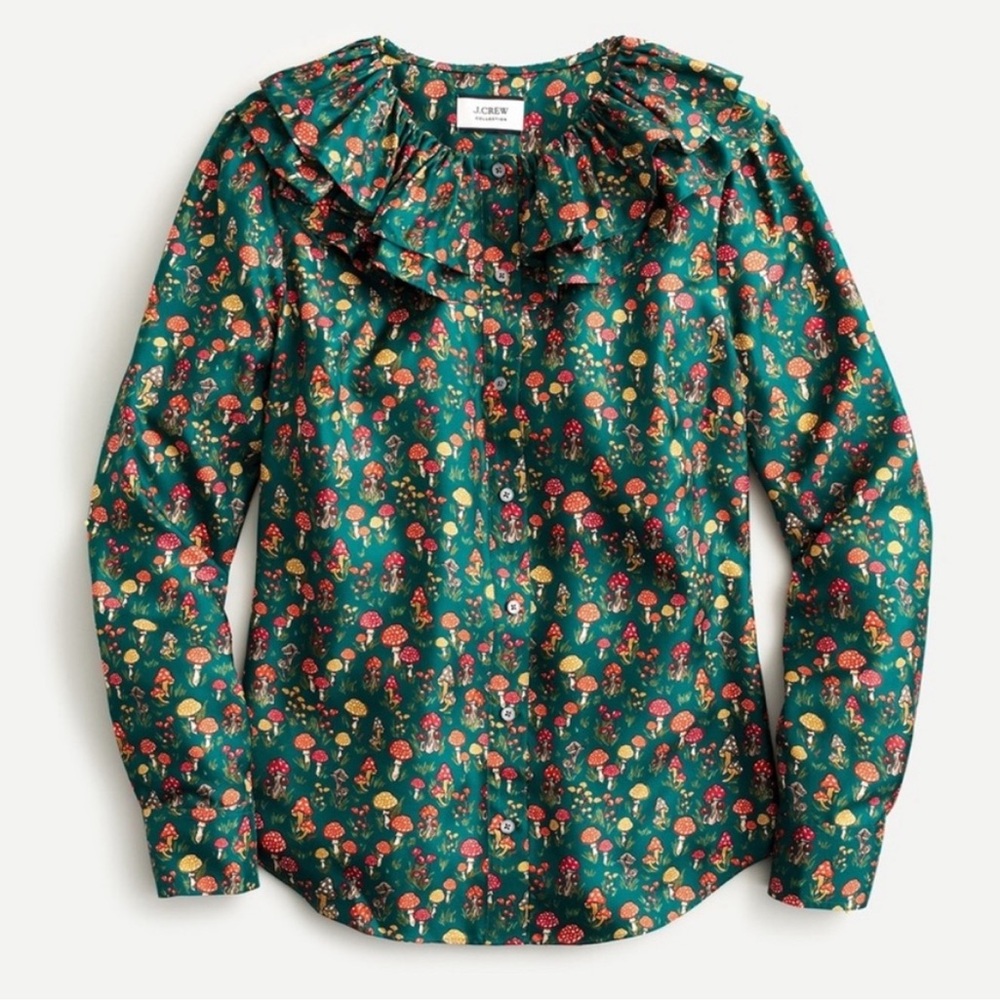 NWT J. Crew Collection Silk Twill Ruffle Blouse in Mushroom Floral Print